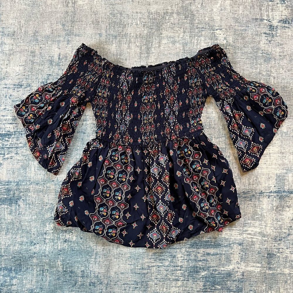 Hollister Navy Blue Boho Stretchy Off The Shoulder Peasant Style Blouse XS